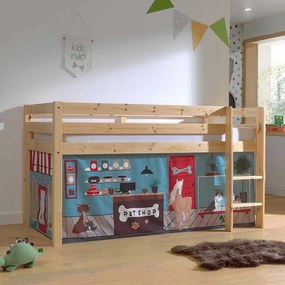 Cama alta de Criança PINO 90 x 200 cm + estrado + escada + cortina Animais Natural