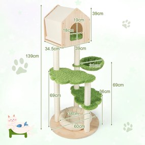 Arranhador para gatos Altura 139 cm com arranhadores de sisal Arranhadores de sisal Plataformas de salto Poleiro e rede Torre para gatos em madeira Ve