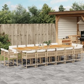 vidaXL 17 pcs conjunto de jantar p/ jardim c/ almofadões vime PE bege