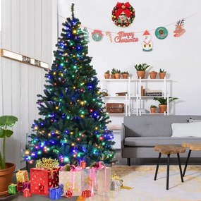 Árvore de Natal artificial em PVC de 210 cm com corrente de luz LED Suporte de metal dobrável Decoração de casa Decoração de festa Verde