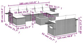 10 pcs conjunto sofás de jardim c/ almofadões vime PE cinzento