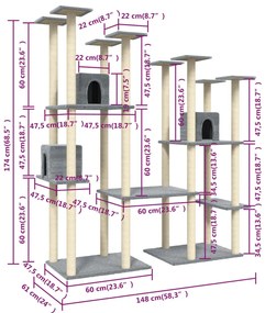 Árvore p/ gatos c/ postes arranhadores sisal 174 cm cinza-claro