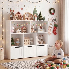 Estante infantil para brinquedos 100 x 33 x 90 cm com 5 compartimentos abertos e 3 gavetas móveis – Organizador de brinquedos com rodas para sala de j