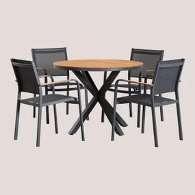 Conjunto De Mesa Redonda Ø100 Cm Em Madeira De Eucalipto E 4 Cadeiras De Jardim Empilháveis Em Alumínio Archer Cinza Grafito - Sklum