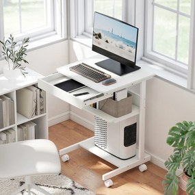 Secretária de computador com rodas, secretária com arrumação 56 x 51 cm com gaveta, compartimento e suporte para CPU, branca