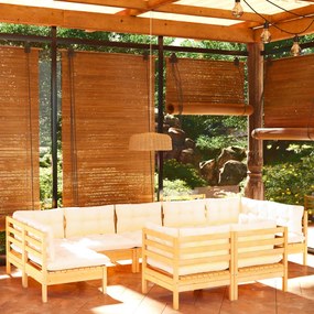 vidaXL 9 pcs conjunto lounge jardim c/ almofadões creme pinho maciço