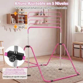 Barra de ginástica infantil dobrável, altura ajustável, base antiderrapante 3-12 anos, Rosa