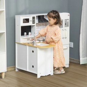 Cozinha Infantil de Madeira para Crianças acima de 3 Anos com Sons 14 Acessórios Cozinha Infantil com Telefone Lavatório Microondas e Grifo 82x65x87cm