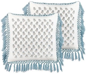 Conjunto de 2 almofadas decorativas com padrão floral e borlas em algodão branco e azul 45 x 45 cm PALLIDA Beliani