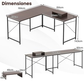 Secretária em forma de L reversível de 150 cm para computador com régua elétrica integrada Suporte para monitor/host para escritório Castanho escuro