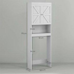 Armário de arrumação para colocar em cima da sanita, móvel de casa de banho com 2 portas e prateleiras, 58,5 L x 23 L x 170 A cm, branco