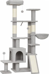 Árvore Arranhadora para Gatos 152 cm Multinível com Casinha Rede Cama Escada Arranhadora 4 Postes de Sisal e Bolas Cinza Claro