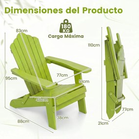 Conjunto de 2 Cadeiras de Jardim Adirondack Dobráveis, 88 x 77 x 95 cm, Apoios de Braços Largos, Verde