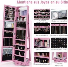 Espelho giratório 360° para joias com espelho de corpo inteiro Organizador de joias com espelho para maquilhagem 39 x 39 x 161 cm Rosa