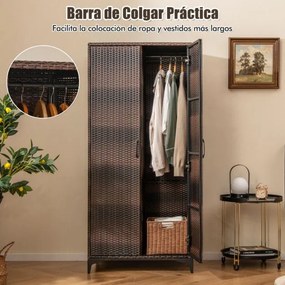 Armario de vime com 2 portas PE com varão para pendurar e 4 cubos de arrumação Organizador de roupa para casa pátio garagem Castanho