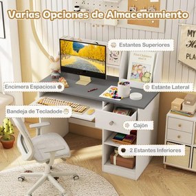 Secretária  para crianças com bandeja para teclado, gaveta e estante multifuncional (CADEIRA NÃO INCLUIDA) cinza + branco