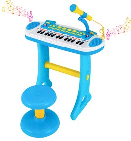 Conjunto de teclado infantil com 31 teclas, instrumento musical portátil, sons diversos, microfone leve, banco ajustável para crianças a partir de 3 a
