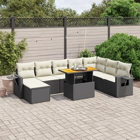 9 pcs conjunto de sofás p/ jardim c/ almofadões vime PE preto