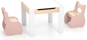 Conjunto de mesa e 2 cadeiras para crianças Mesa de atividades de madeira 4 em 1 para arte, desenho, leitura e quadro removível Rosa