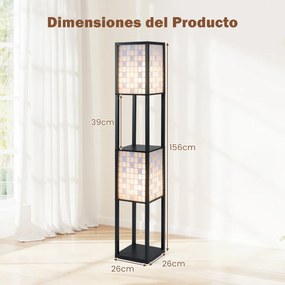 Candeeiro de pé 26 x 26 x 156 cm com 2 luzes e prateleiras de madeira com 2 abajures com padrões recortados Luz independente com puxador preto