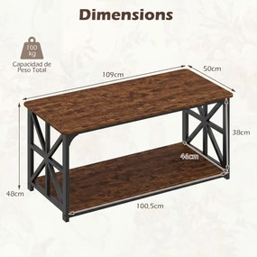 Mesa de centro de estilo industrial 109 x 50 x 48 cm, 2 níveis, prateleira aberta, estrutura metálica, para sala de estar, castanho rustica