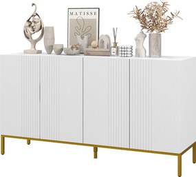 Aparador de design contemporâneo com motivos gráficos 140 x 40 x 75 cm, 2 armários com portas e prateleiras ajustáveis, em madeira branca e metal dour