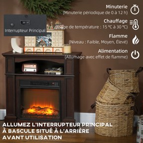 Lareira elétrica com efeito de chamas LED e luminosidade regulável, com comando à distância - 1800 W - 80,5 x 32,3 x 80,5 cm castanho e preto