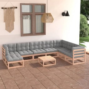 vidaXL 9 pcs conjunto lounge de jardim c/ almofadões pinho maciço