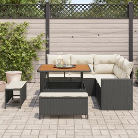 Conjunto de Sofá de Jardim de 8 Peças com Almofadas Preto Rattan Polié