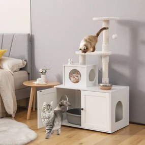 Casa para gatos com armarios para arrumação Caixa de areia e torre de arranhar Armário com esconderijo e divisória 77,5 x 49 x 132 cm Branco