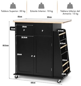 Carrinho de cozinha de arrumação com Bancada de madeira Borracha 2 gavetas Prateleira para especiarias 88 cm x 45 cm x 89,5 cm Preto