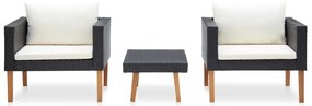 3 pcs conjunto lounge para jardim c/ almofadões vime PE preto