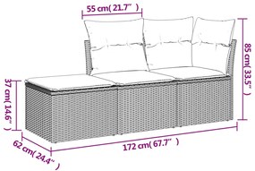 3 pcs conjunto sofás de jardim com almofadões vime PE preto