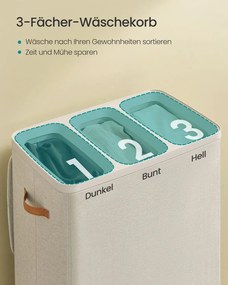Cesto para roupa suja com 3 compartimentos, 190 l, 64 x 40 x 75 cm bege cappuccino