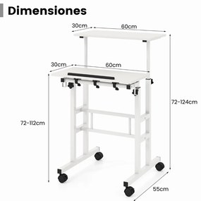 Secretária de pé para computador 60 x 30 x 72-124 cm com rodas Altura ajustável Tampo dividido e ângulo ajustável 2 ganchos Branco