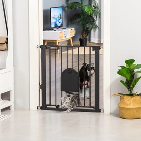 Barreira de segurança para animais com porta de fecho automático e sistema de dupla travagem, em aço preto