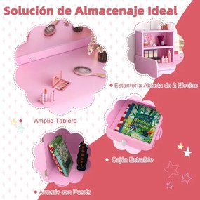 Conjunto de Toucador e Cadeira para Crianças a partir dos 3 anos com Estantes Armário com Gavetas 2 Cores Luzes LED Espelho em Acrílico Rosa