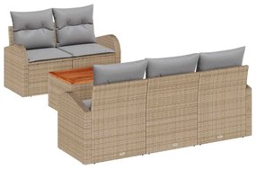 Sofa de Jardim 6 peças com Almofadas Bege em Rattan Sintético e Madeir