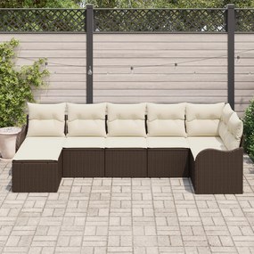 Conjunto de Sofá de Jardim de 7 Peças com Almofadas Vime PE Castanho