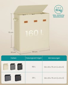 Cesto para roupa suja com três compartimentos (160L) 64 x 33 x 75 cm Creme