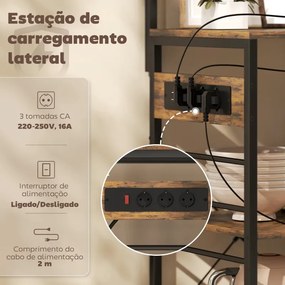 Armario de Cozinha com Três Tomadas e Luzes LED Estilo Industrial com Prateleiras para Micro-ondas 80x42x162 cm Castanho Rústico e Preto