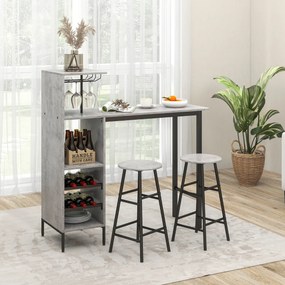 Conjunto de 3 peças de mesa e cadeiras de bar, mesa industrial e bancos com porta-copos, prateleiras para sala de jantar, cozinha Cinzento