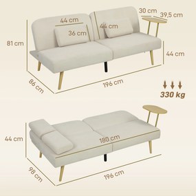 Sofá Cama de 3 Lugares com Mesa Auxiliar 3 em 1 com Encosto Ajustável Abertura Click-Clack 196x86x81 cm Bege