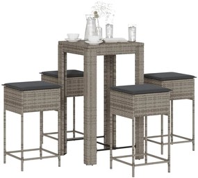 vidaXL 5 pcs conjunto de bar p/ jardim c/ almofadões vime PE cinzento