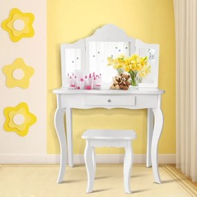 Conjunto de Toucador para Crianças com Espelho Dobrável Banco em 3 Partes e Gaveta 70 x 34 x 104 cm Branco