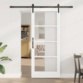 vidaXL Porta Deslizante com Conjunto de Ferragens 'ORKDAL'Madeira Sólida Branca e Vidro