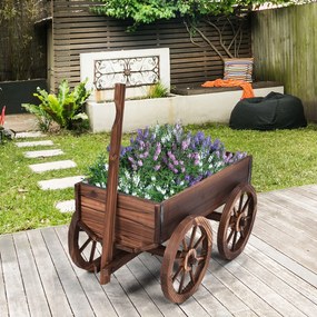 Floreira de jardim carro em madeira com rodas Suporte decorativo para plantas de pátio para exterior 120 x 43 x 53,5 cm Castanho