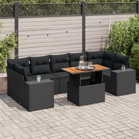 8 pcs conjunto sofás de jardim com almofadões vime PE preto