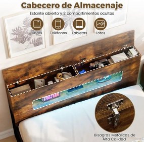 Estrutura Cama 200 x 140 cm com luzes LED (COLCHÃO NÃO INCLUIDO), cabeceira com espaço de armazenamento, tomadas elétricas e estrado de ripas Castanho