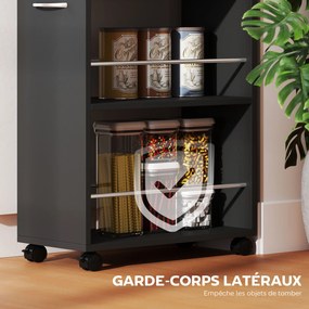 Carrinho de serviço de cozinha com rodas 25 x 50 x 85 cm, 1 gaveta e 2 prateleiras abertas para sala de jantar, preto